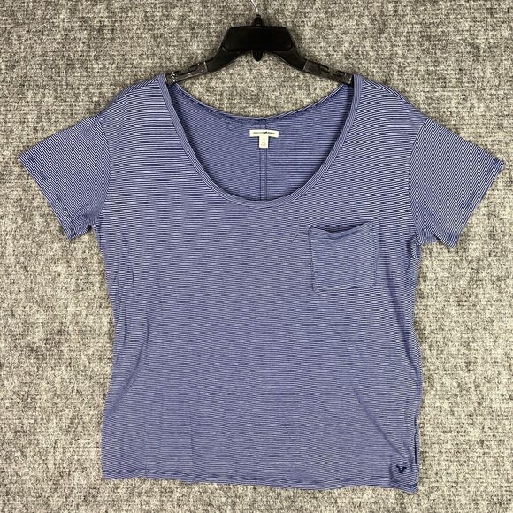 American Eagle Shirt Large Womens Basic‎ Regular Casual Short Sleeve Striped - Picture 1 of 10